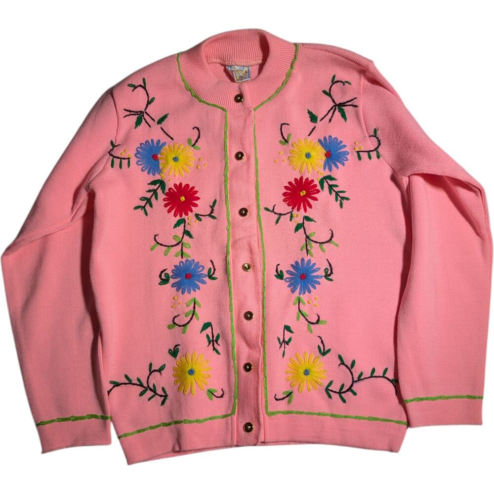 Vtg 1960s Honda International Pink Floral Embroidered Button Up Cardigan Sz M